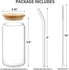 Glass Cups with Lid and Straw, 16oz Beer Glasses Glass Coffee Cups, Iced Coffee Cups with Lid, Glass Tumbler with Straw and Lid (2 PACK)