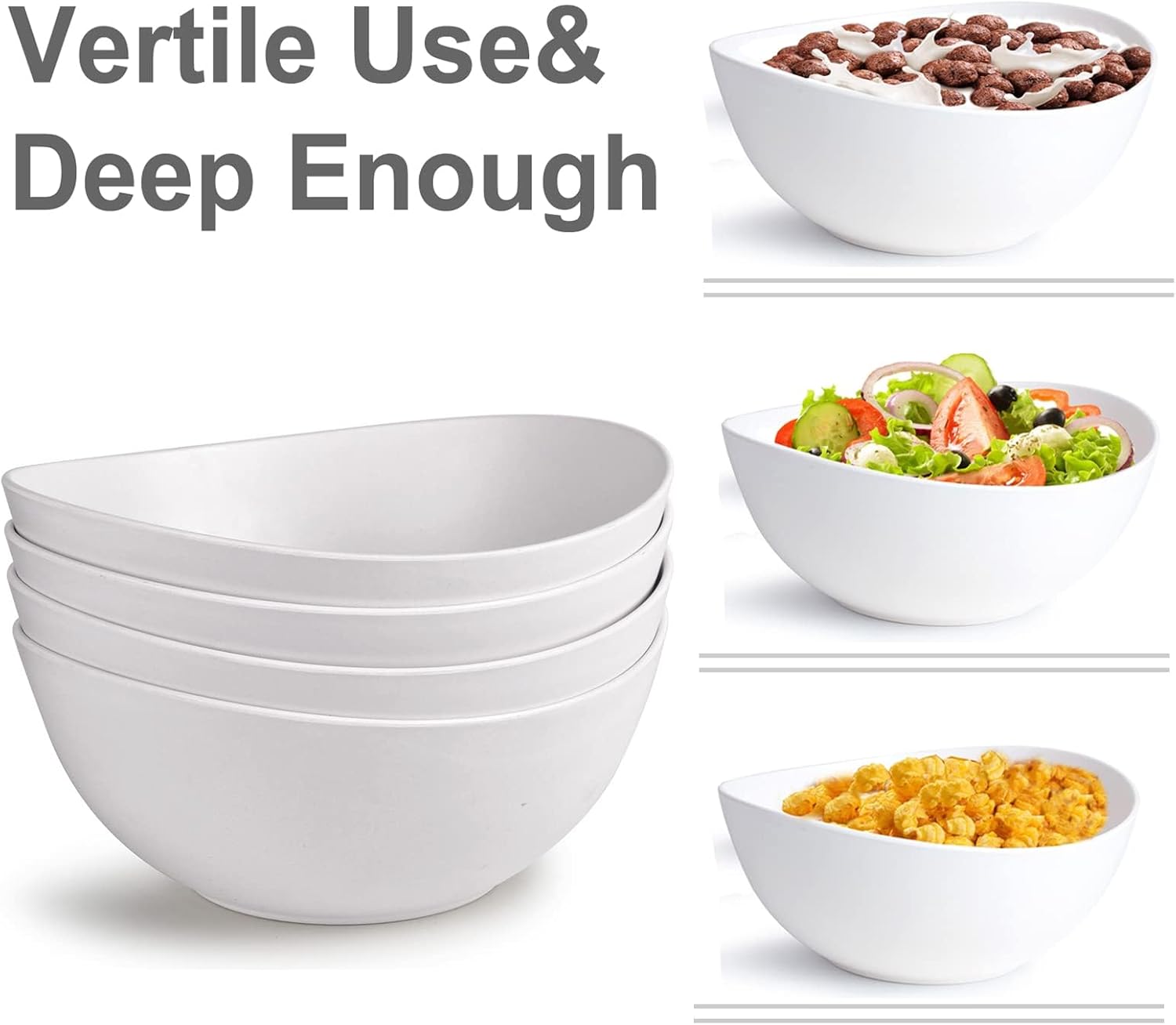 9.6'' Serving Bowls, 84oz Bamboo Fiber Salad Bowl Set of 4, Deep Serving Bowls Set, Large Oval Individual Bowls for Eating Salad/Pasta/Cereal/Pho, Ideal for Home & Restaurant (Matte White)