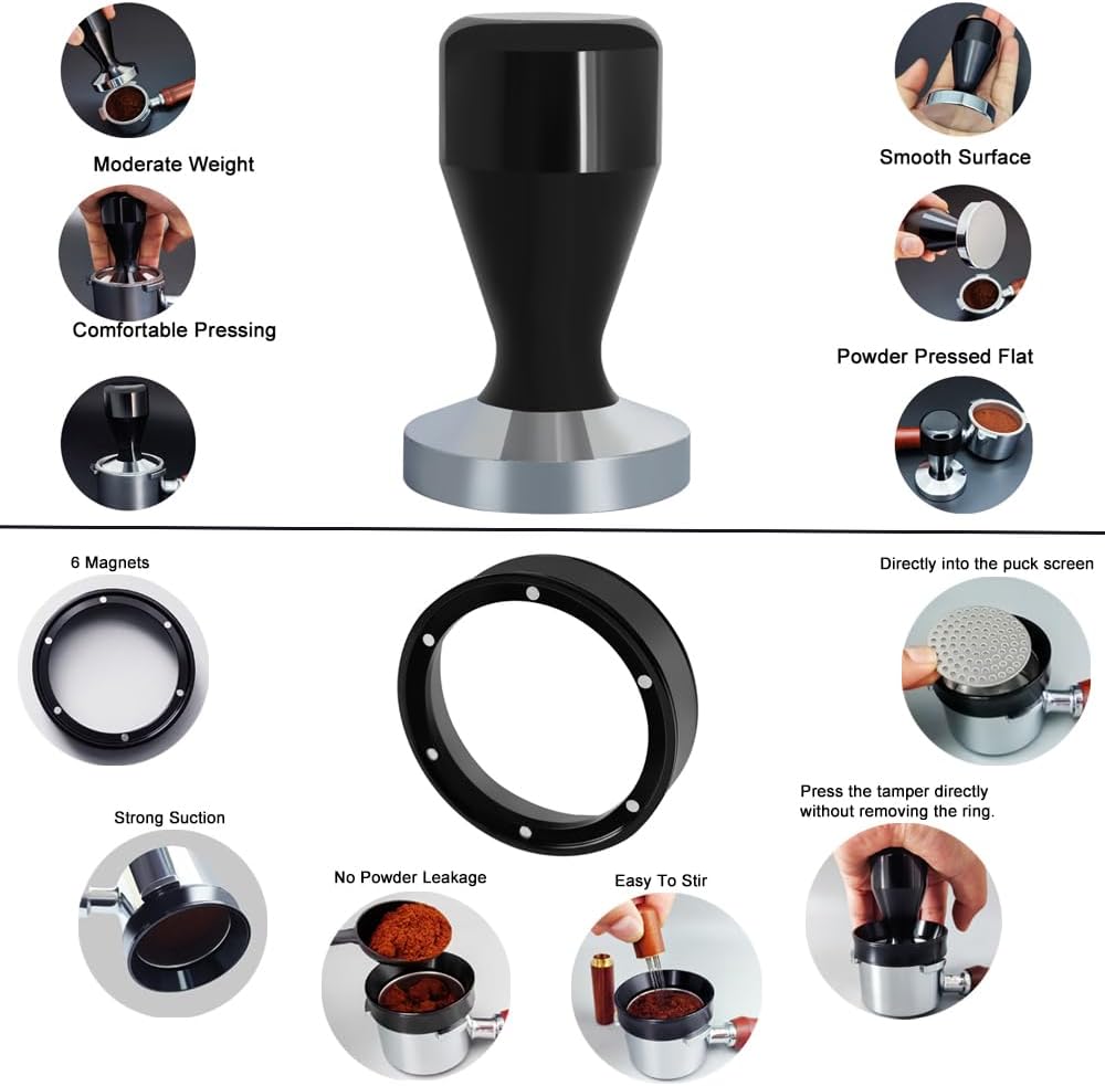 51mm Espresso Tamper Set, 5PCS Coffee Tamper Kit with WDT Tool, Coffee Stirrer, Dosing Funnel, Puck Screen 51mm Espresso Accessories Tampers Kit (Black)