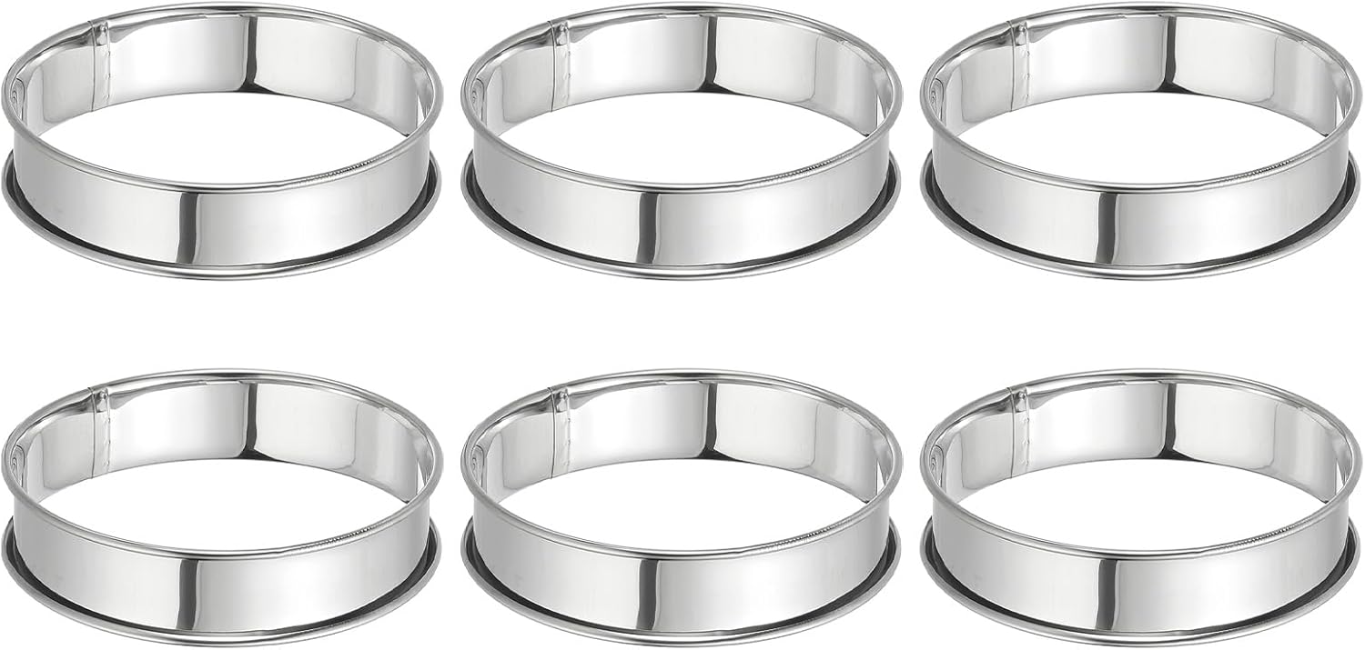 HARFINGTON 6pcs Crumpet Rings 3.94" Nonstick Round Cake Ring Stainless Steel Double Rolled English Pastry Rings for Kitchen Baking Crumpet Dessert, Silver
