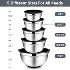 TeamFar Mixing Bowls with Lids Set, 7/3.5/2.5/1.5/1 QT, Stainless Steel Large Metal Salad Nesting Bowl, Non-Slip Silicone Bottom & Airtight Lid, Healthy & Deep - Set of 5(Black)