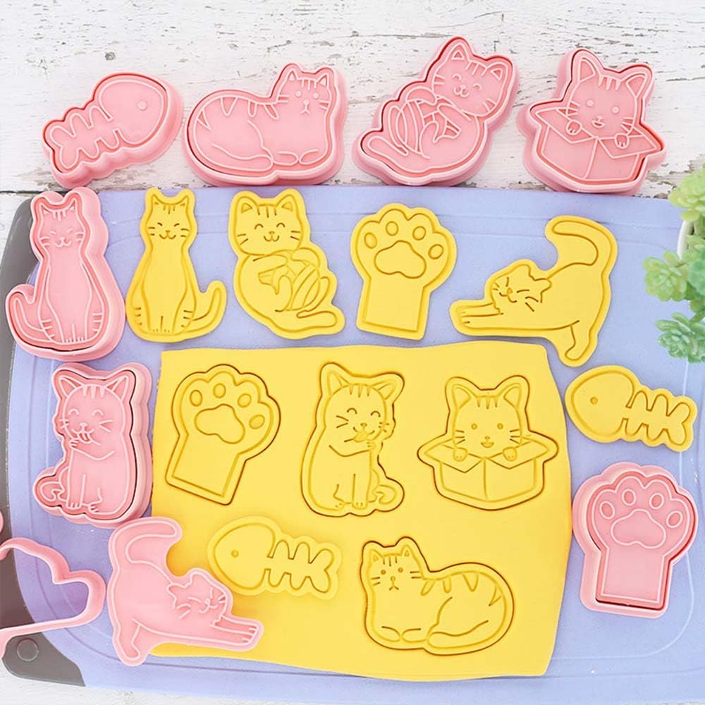 8pcs Cat Cookie Cutters Set, 3D Cute Stamps, Cupcake Pancake Apple Pie Pastry Biscuit Molds, Fruit Sandwich Cutter, Baking Molds for Party Decorations (Cat-1)