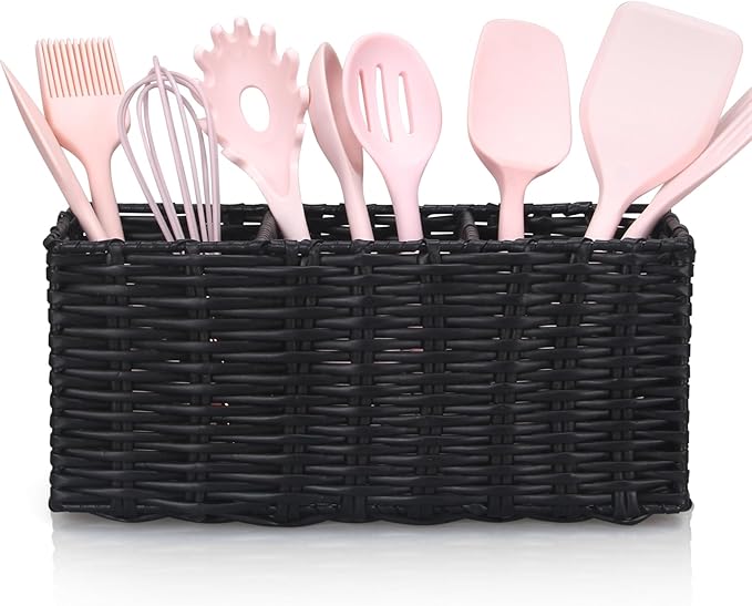 Ayiaren Wicker Silverware Cutlery Holder Black Flatware Utensil Caddy Best Silverwares Organizer Storage for Countertop Party Kitchen Utensils Holder Flatware Silverware Caddy Spoon and Fork Holders