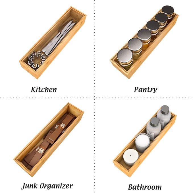Utensil Organizer Silverware Drawer Organizer - Stackable Bamboo Flatware Caddy Cutlery Holder, Wooden Storage Boxes Tray for Bedroom,Office, Bathroom, Vanity & Garage Tool Organization(12"3"2.5")