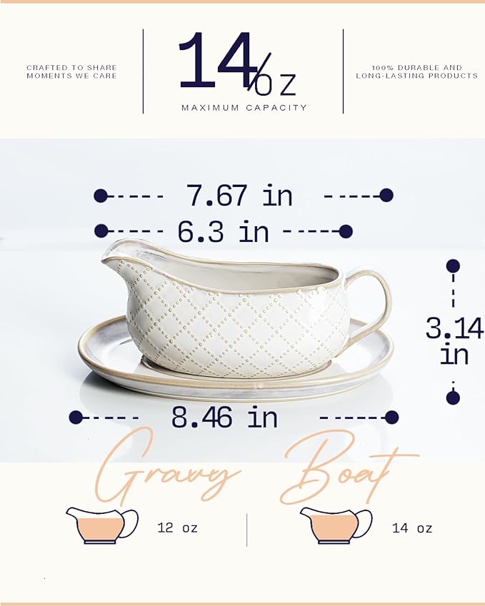 Getstar Gravy Boat with Saucer, Cranberry Sauce Dish Thanksgiving, Ceramic Gravy Dish Bowl, Microwave & Dishwasher Safe (Embossed Checks)