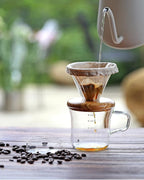 ATHIA Glass Pour Over Coffee Dripper Set, Glass Cone Dripper, Reusable Cloth Filter, Leather Cup Sleeve, Minimal Single Cup SET, for outdoor, office or at home (Olive Wood)