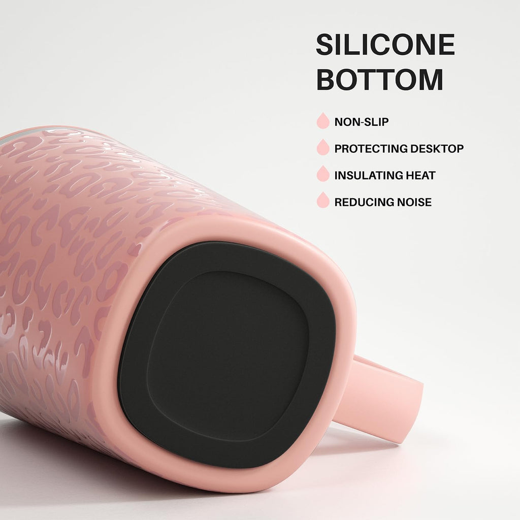 Ideus Vacuum Insulated Coffee Mug, 16oz Reusable Stainless Steel Thermal Double Walled cup with Handle and Slider Lid for Hot & Cold Beverages, BPA Free (Leapord Pink)