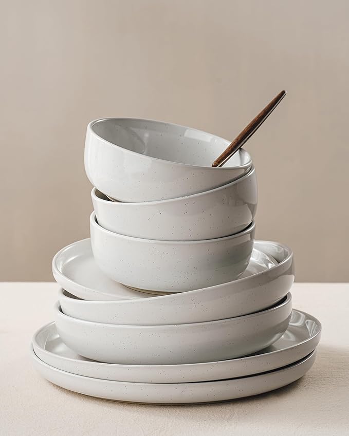 Famiware Milkyway Stoneware Dinnerware Sets with Mugs, Service for 6 (24 Pieces), Plates and Bowls Sets -Scratch Resistant, Microwave and Dishwasher Safe Dishes Set, White