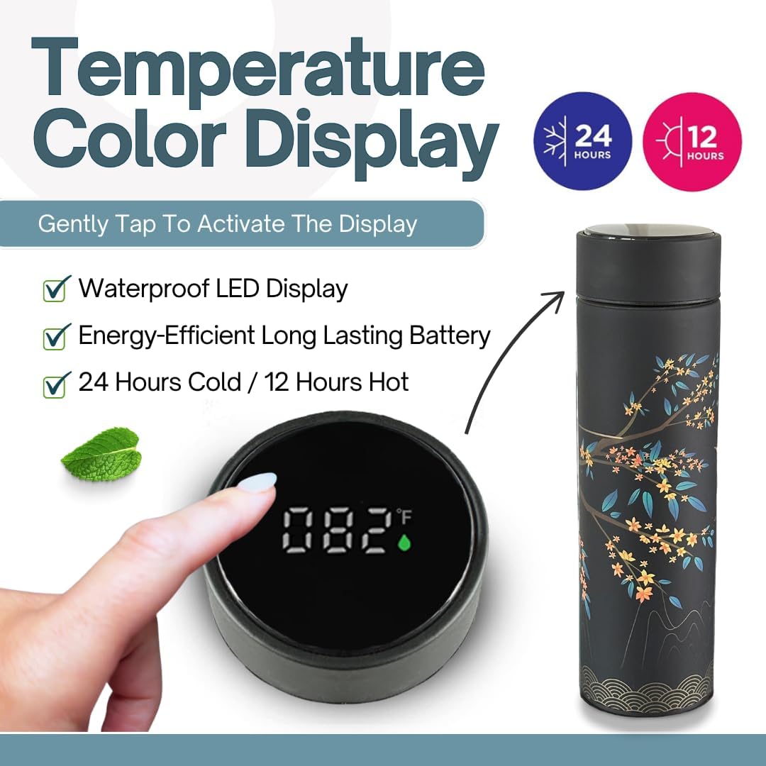 Farasi Tea Infuser for Loose Leaf Tea Smart Water Bottle with Fahrenheit Temperature Display, Stainless Steel, Insulated Coffee and Fruit Tea Infuser Bottle - Black Floral Tea Mug 15 oz