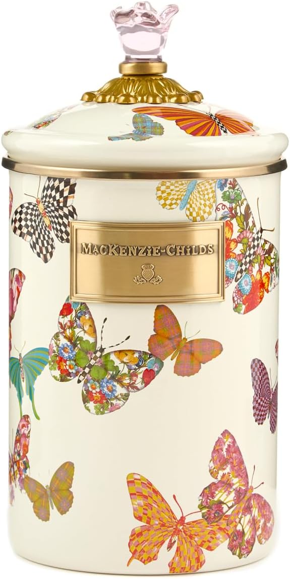 MACKENZIE-CHILDS Butterfly Garden Enamel Canister, Pretty Kitchen Storage Container with Lid, Large