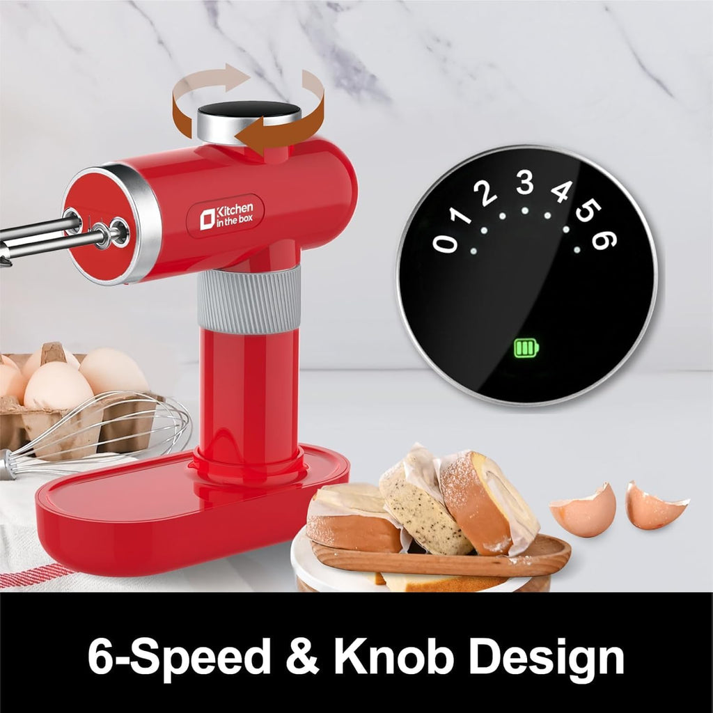 Kitchen in the box Cordless Rechargeable Hand Mixer for Kitchen, Portable Handheld Electric Mixer with Beaters, Whisks, 6-Speed Digital Display, Charging Base and USB-C Charge Cable (Cherry Red)