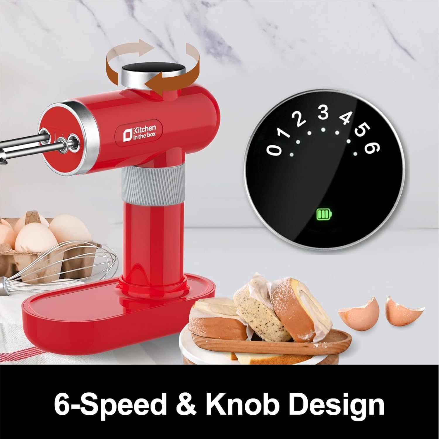 Kitchen in the box Cordless Rechargeable Hand Mixer for Kitchen, Portable Handheld Electric Mixer with Beaters, Whisks, 6-Speed Digital Display, Charging Base and USB-C Charge Cable (Cherry Red)