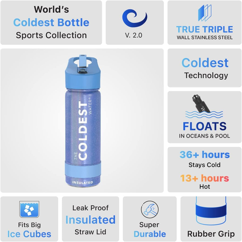 Coldest Insulated Water Bottle with Straw Lid - Stainless Steel Metal Insulated Bottle for Men & Women (Galactic Blue Glitter, 18 oz)