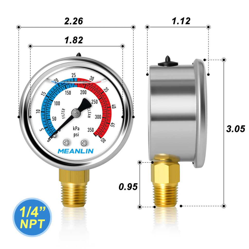 MEANLIN MEASURE 1/4" NPT 0-50psi Pressure Gauge, 2" Dial Glycerine Filled Pool Filter, 304 Stainless Steel Housing, Lower Mount, with 1/2" NPT and 3/8" NPT Hex Bushing