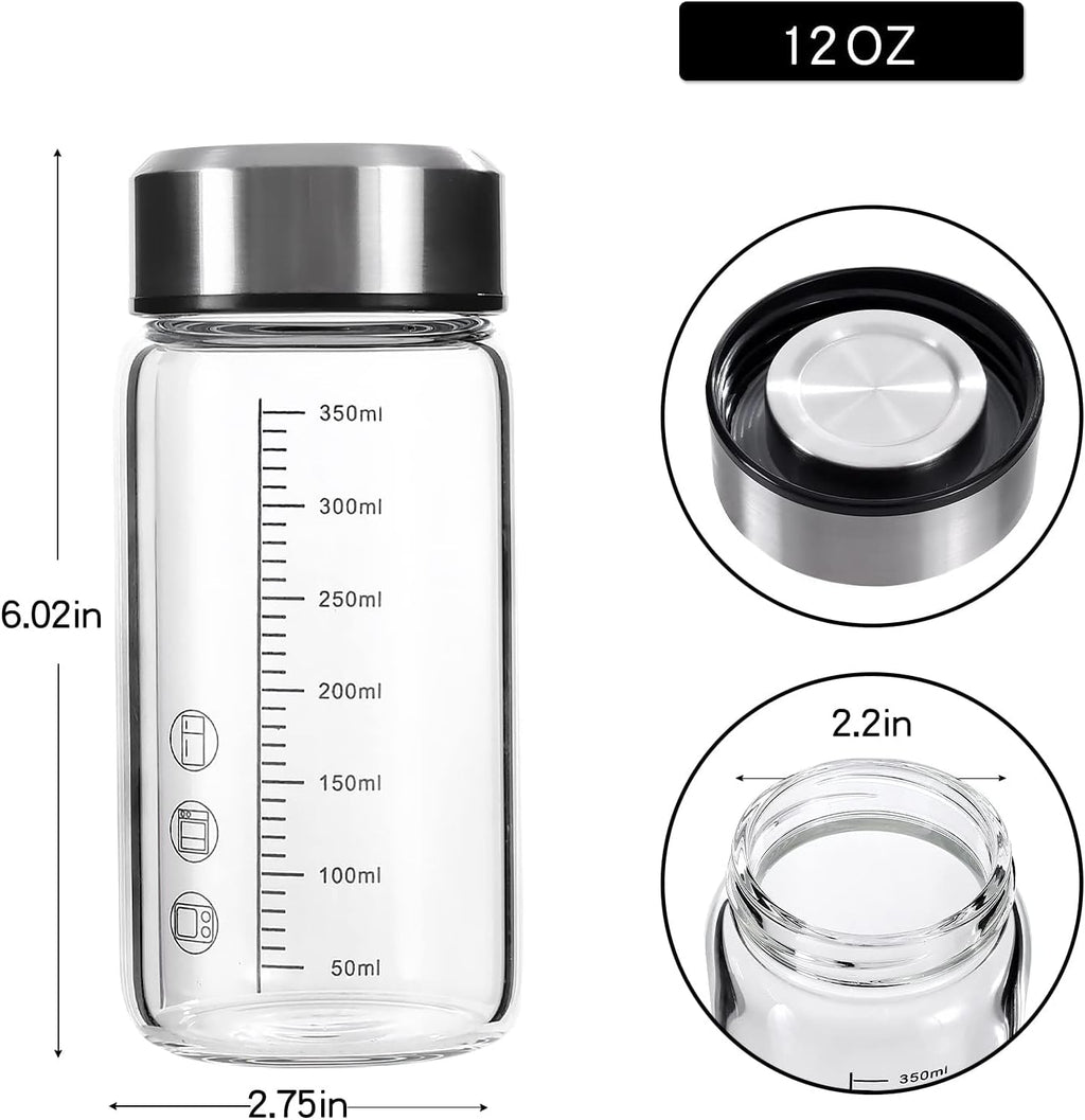 12Oz Glass Water Bottle with Lid and Sleeve,0.15in/3.8mm Thick Glass Shaker Bottles for Protein Mixes,Juicing,Smoothies, Infused Water,Beverage,Wide Mouth Small Reusable Coffee Bottle