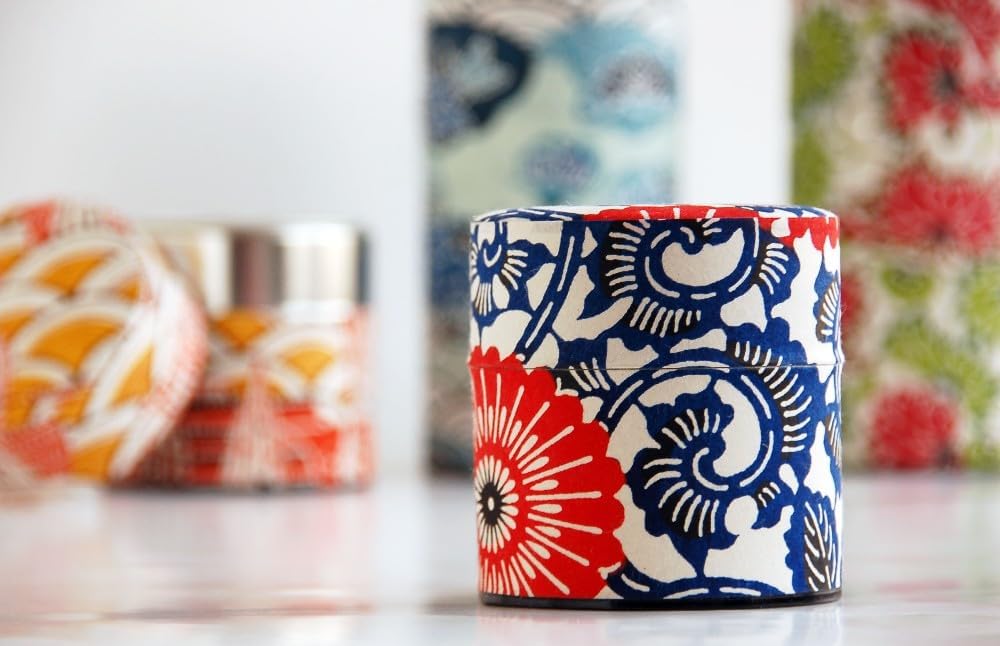 Japanese Pokkan Coffee Spice Tea Tin Canister Washi Paper Storage with Lid 7.05 oz Capacity (Modern Seigaiha, S)