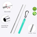 2 Pack Reusable Metal Straws Collapsible Stainless Steel Drinking Straw Travel Portable Telescopic Straw with Case,2 Cleaning Brushes Included Black/Turquoise