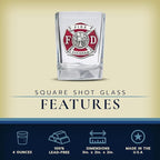 Heritage Pewter Firefighter Square Shot Glass | Hand-Sculpted 1.5 Ounce Shot Glass | Intricately Crafted Metal Pewter Alma Mater Inlay