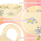 Ceramic Coffee Mug Set of 2 Vintage Flower Mugs 8 oz Cute Floral Coffee Mugs Irregular Latte Art Cup Lead-free Porcelain Cups for Cappuccino, Cocoa (2 Blue Flower)