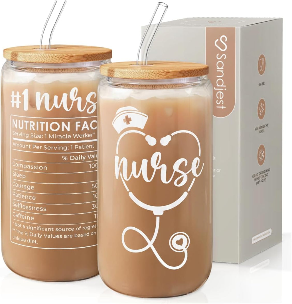 SANDJEST Nurse Glass Can, Nutrition Facts Cup with Lid & Straw, Iced Coffee Aesthetic Cups, Idea Gift for Christmas Birthday Nurse Week, Gifts for Women, 16oz