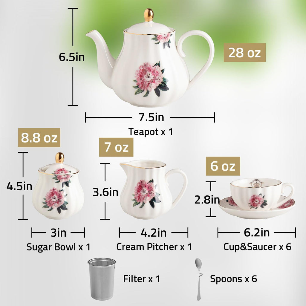 Porcelain Tea Sets British Royal Series, 8 OZ Cups & Saucer Service for 6, with Teapot Sugar Bowl Cream Pitcher Teaspoons and Tea Strainer, Suitable for High Tea, Wedding, Party（Spring Flowers）