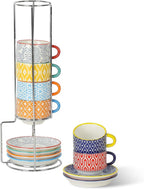 Selamica Ceramic Espresso Cups with Saucers, 2.5 OZ Stackable Demitasse Cups with Metal Stand, Mini Espresso Mugs for Latte Coffee Café Mocha Tea, Set of 6, Assorted Colors