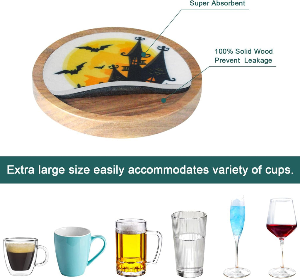 Halloween Coasters Set of 6, Unique Coaster, Minacun Absorbent Coasters with Holder Halloween Thanksgiving Themed Party Decoration 4.3 Inch