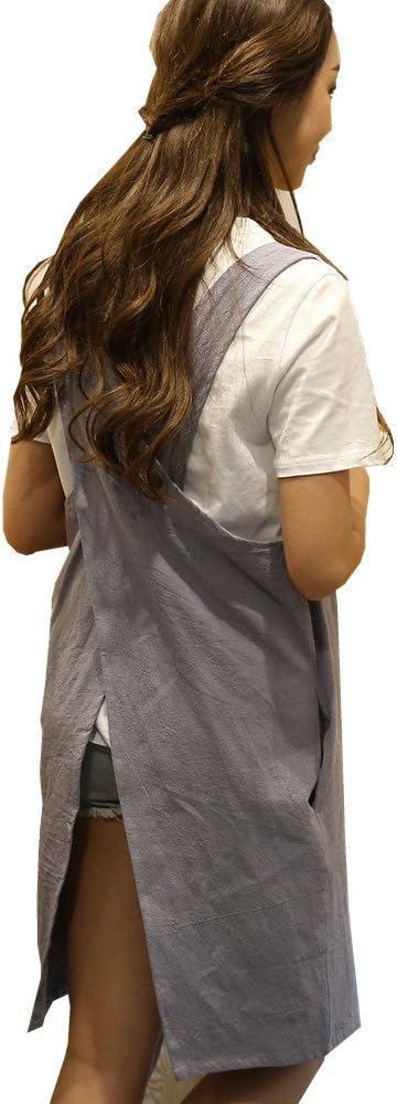 Cotton Linen Japanese Apron Halter Cross Back Bandage X Shape Aprons Two Pockets