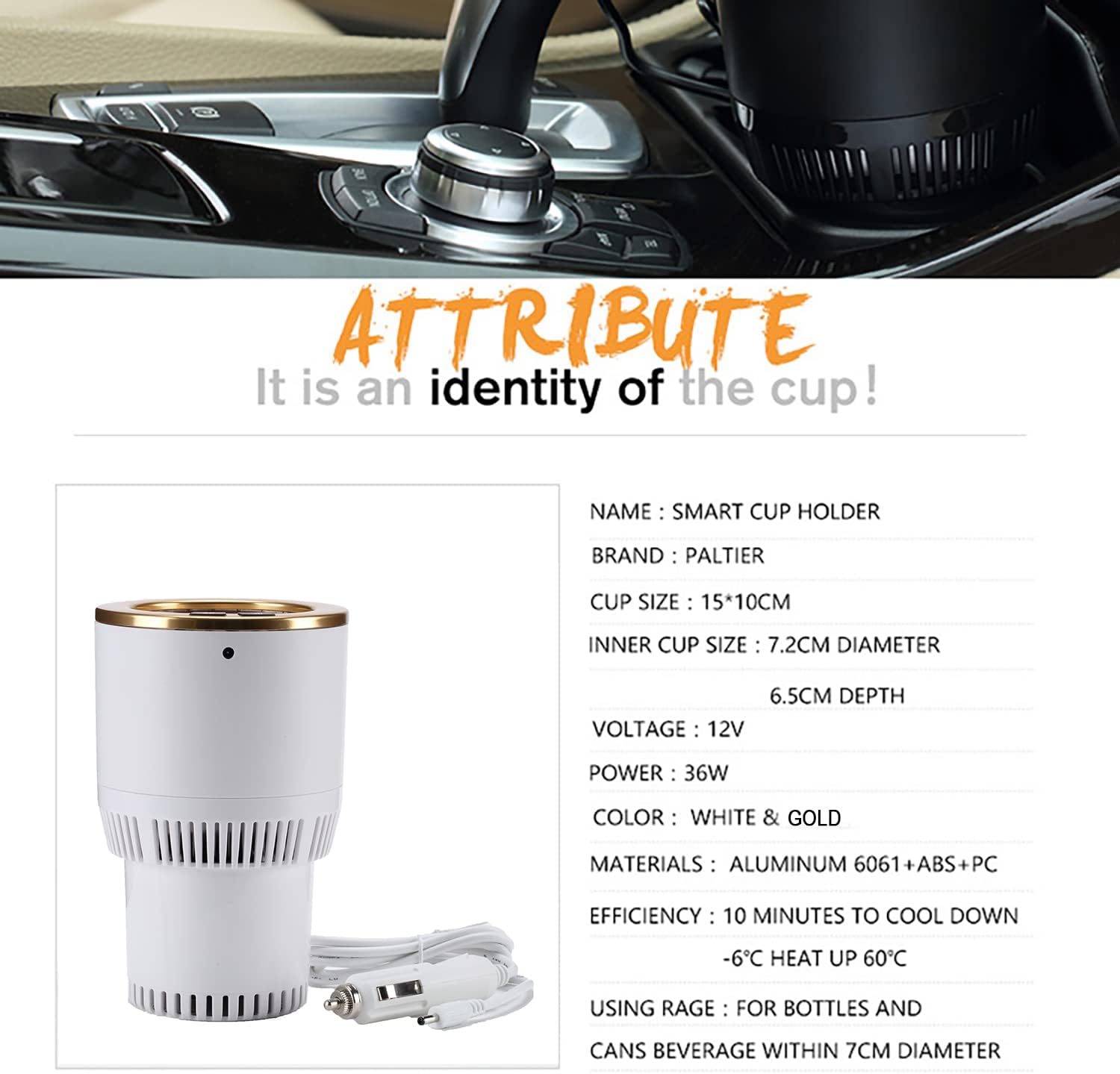Car Cup Holder with Drink Cooler Smart Mug Warmer 2-in-1 Car Tumbler Holder (White with Gold)