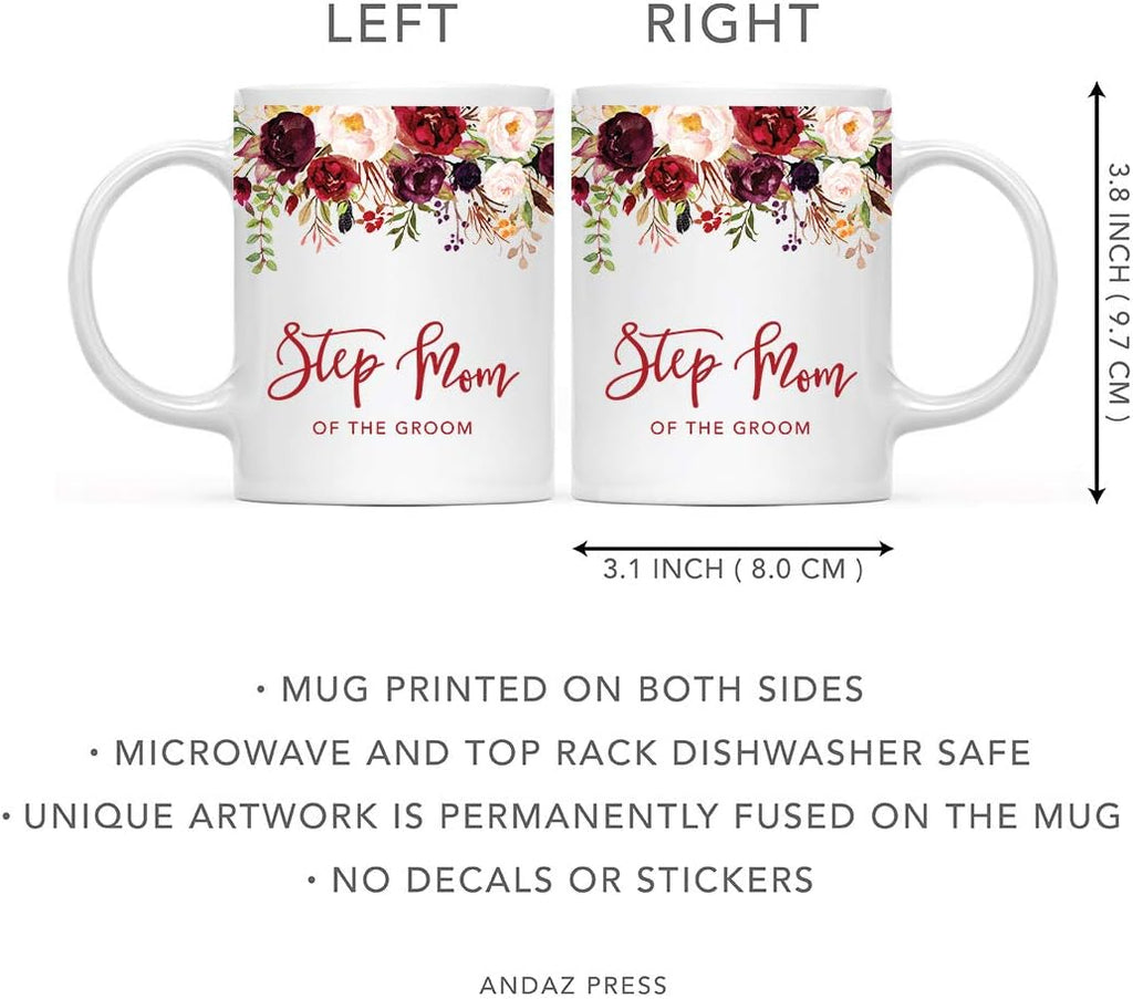 Andaz Press 11oz. Wedding Ceramic Coffee Tea Mug Gift, Fall Autumn Marsala Burgundy Flowers Roses Florals, Step Mom of the Groom, 1-Pack, Includes Gift Box