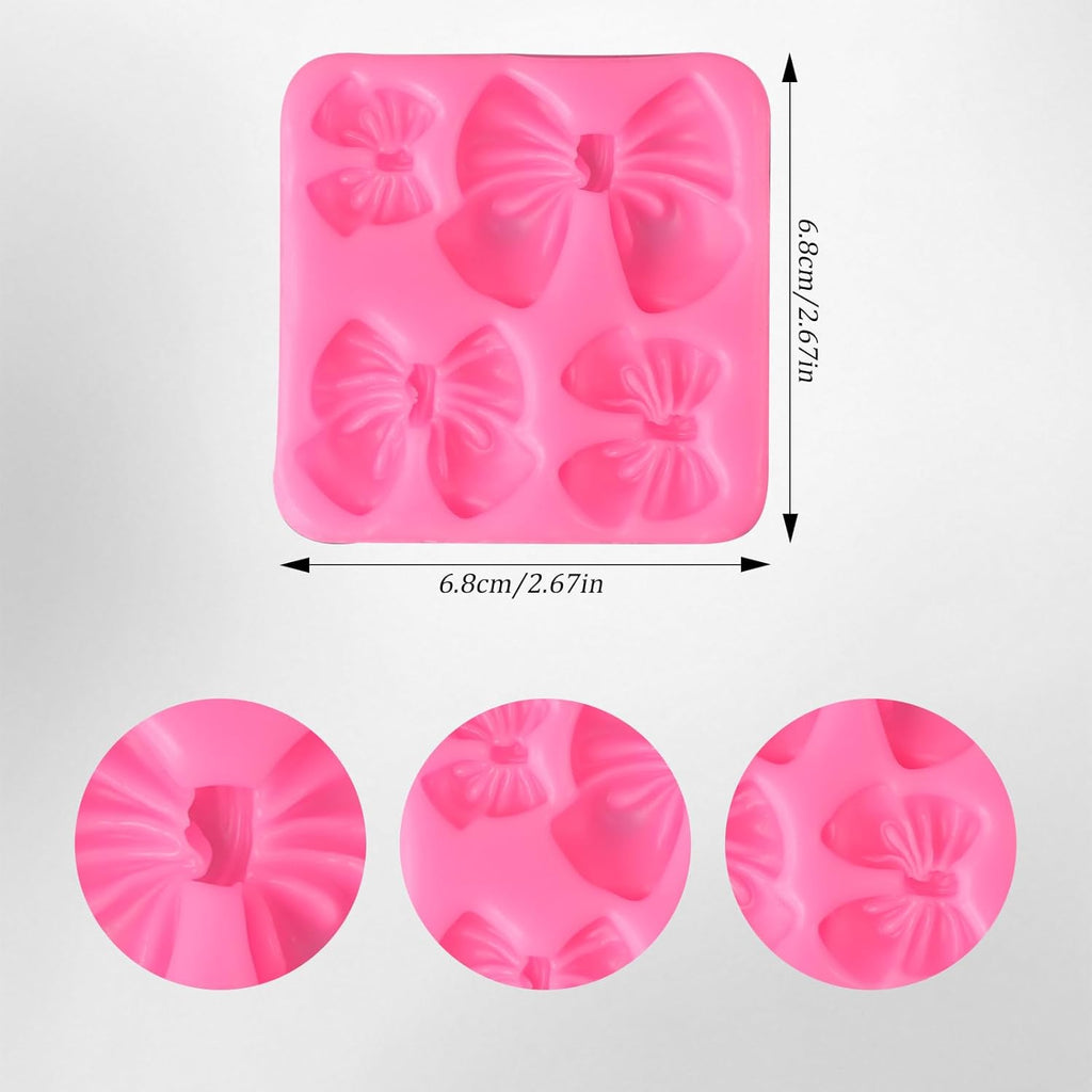 Bow Molds for Chocolate 4 PCS,Bow Chocolate Molds Silicone DIY Baking Supplies,for Chocolate, Fondant, Ice Cubes, and More(Square+round, Pink, 2.7in)