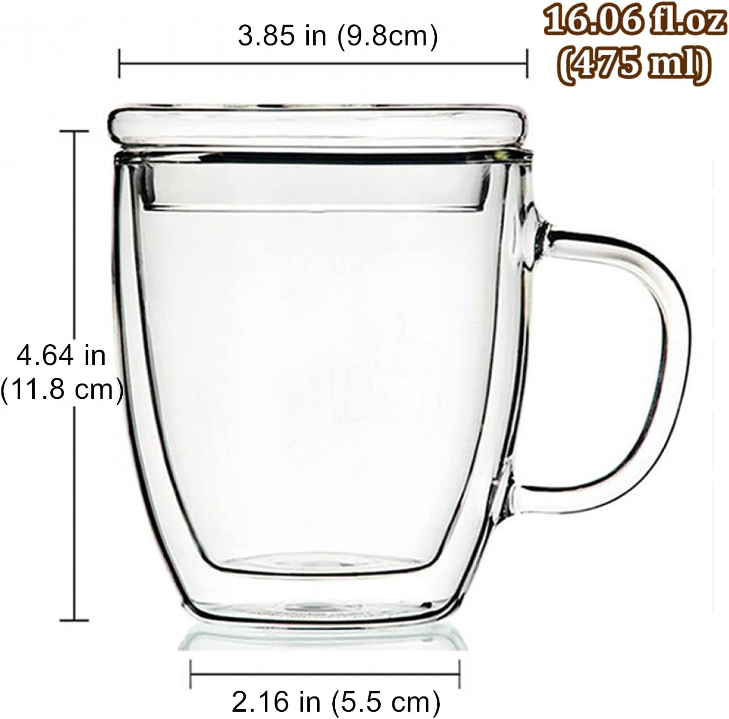 Insulated Espresso Cups - 16 oz Double Wall Glass Mugs With Handle and Lid - Cold & Heat Resistant - Perfect for Coffee, Tea, Milk, Wine