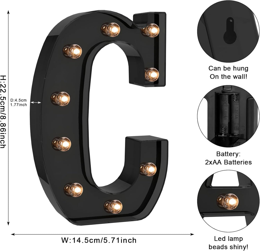 Foaky Black LED Letter Lights for Room Decor - Bedroom Wall Decor, Alphabet Lights for Home, Wedding, Party - Battery Operated （C）