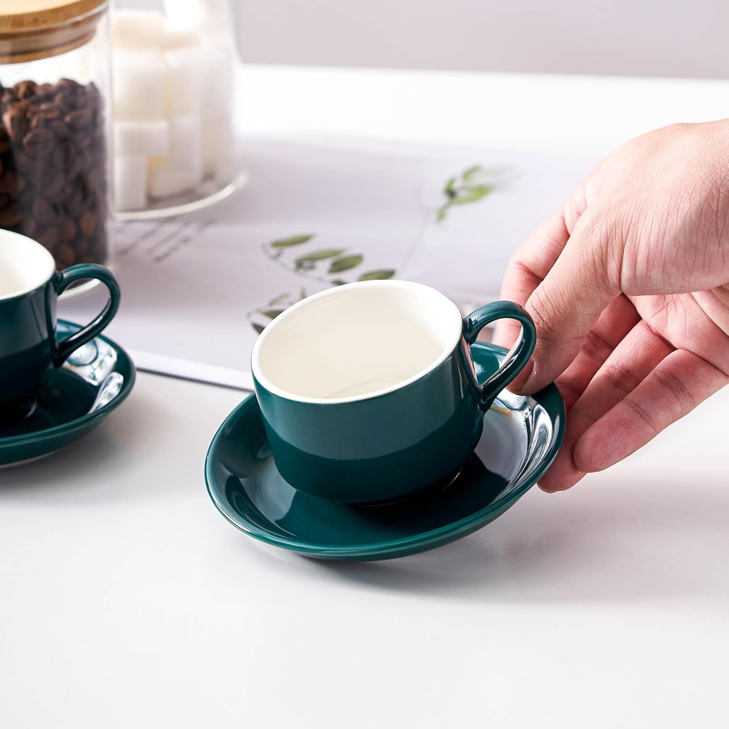 2.5 Ounce Porcelain Espresso Cups with Saucers and Silver Stand, Blackish Green Stackable Cups Set of 4