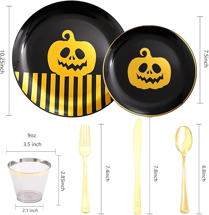 KIRE 25 Guest Halloween Plates Black Gold Plastic Plates Smiley Pumpkin include 50PCS Black &150PCS Gold Plastic Silverware&25PCS Clear Black Cups for Halloween Party