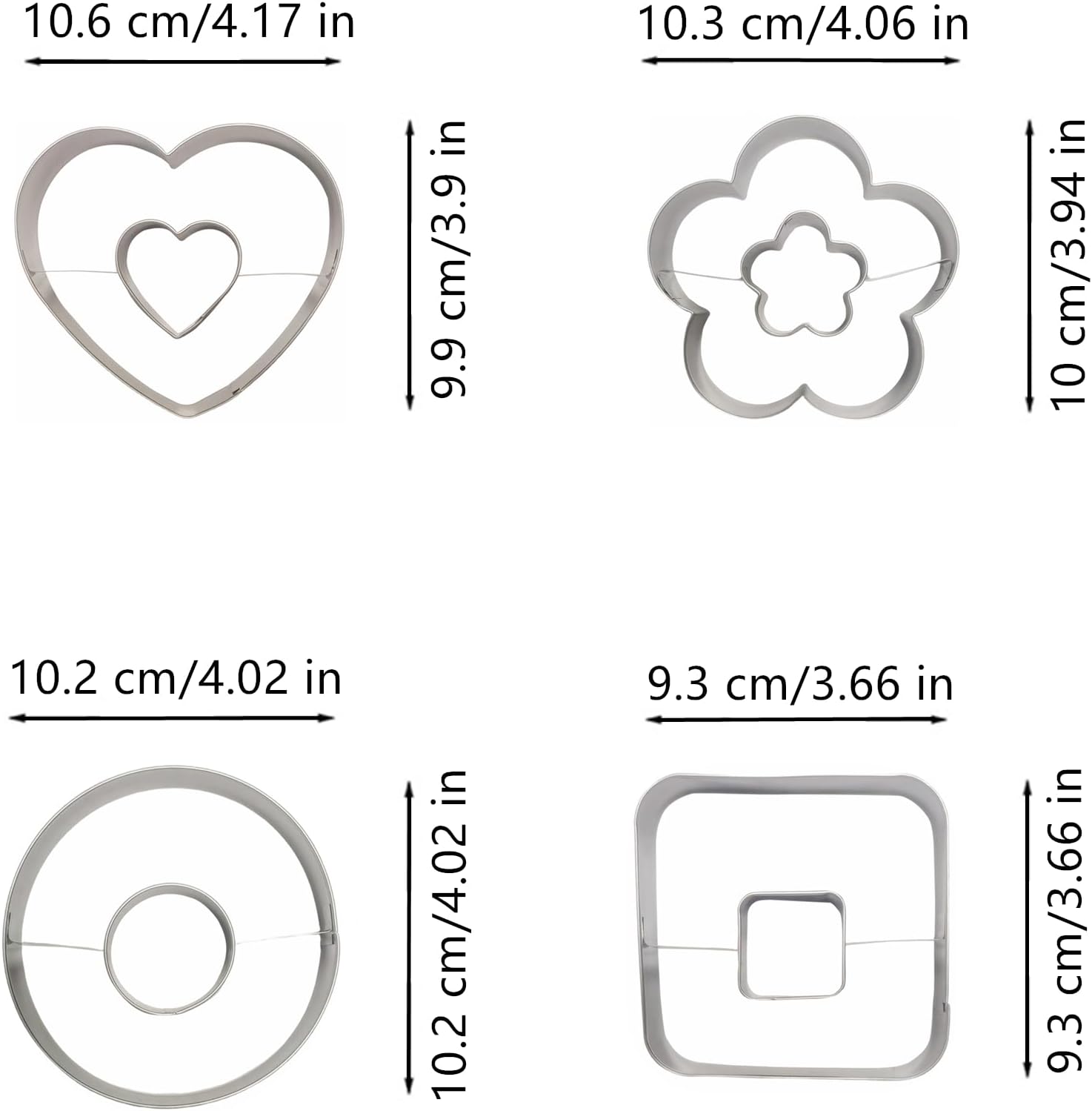 Large Size Donut Design Cookie Cutters Set of 4 pcs, Stainless Steel 4 Shapes Cream-filled Doughnut Fondant Cutter Molds Baking DIY (Round + Square + Heart + Flower)