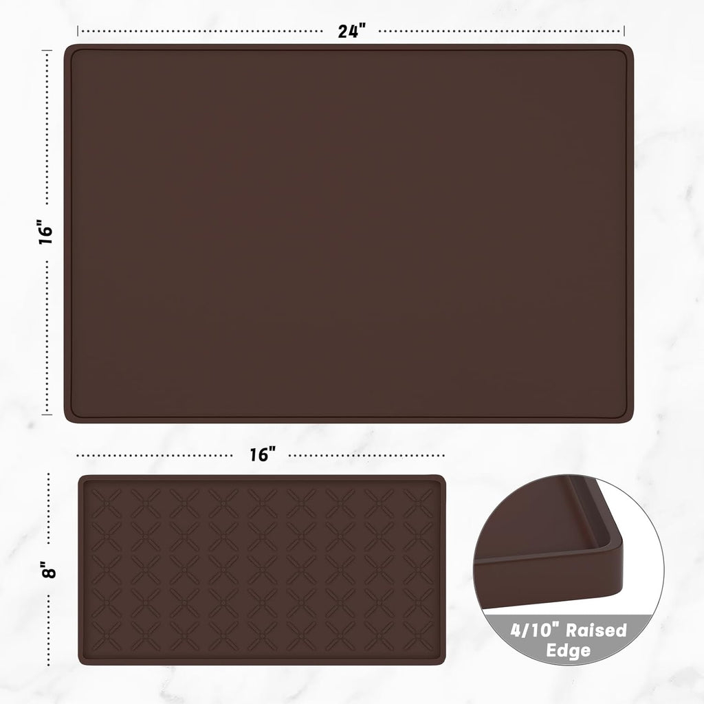 Rnivvi Silicone Coffee Mat, 16" x 24" Waterproof Raised Edge Coffee Bar Mats for Espresso Machine Station Accessories, Heat Resistant Detachable Dish Drying Pad for Kitchen Counter, Dish Rack, Brown