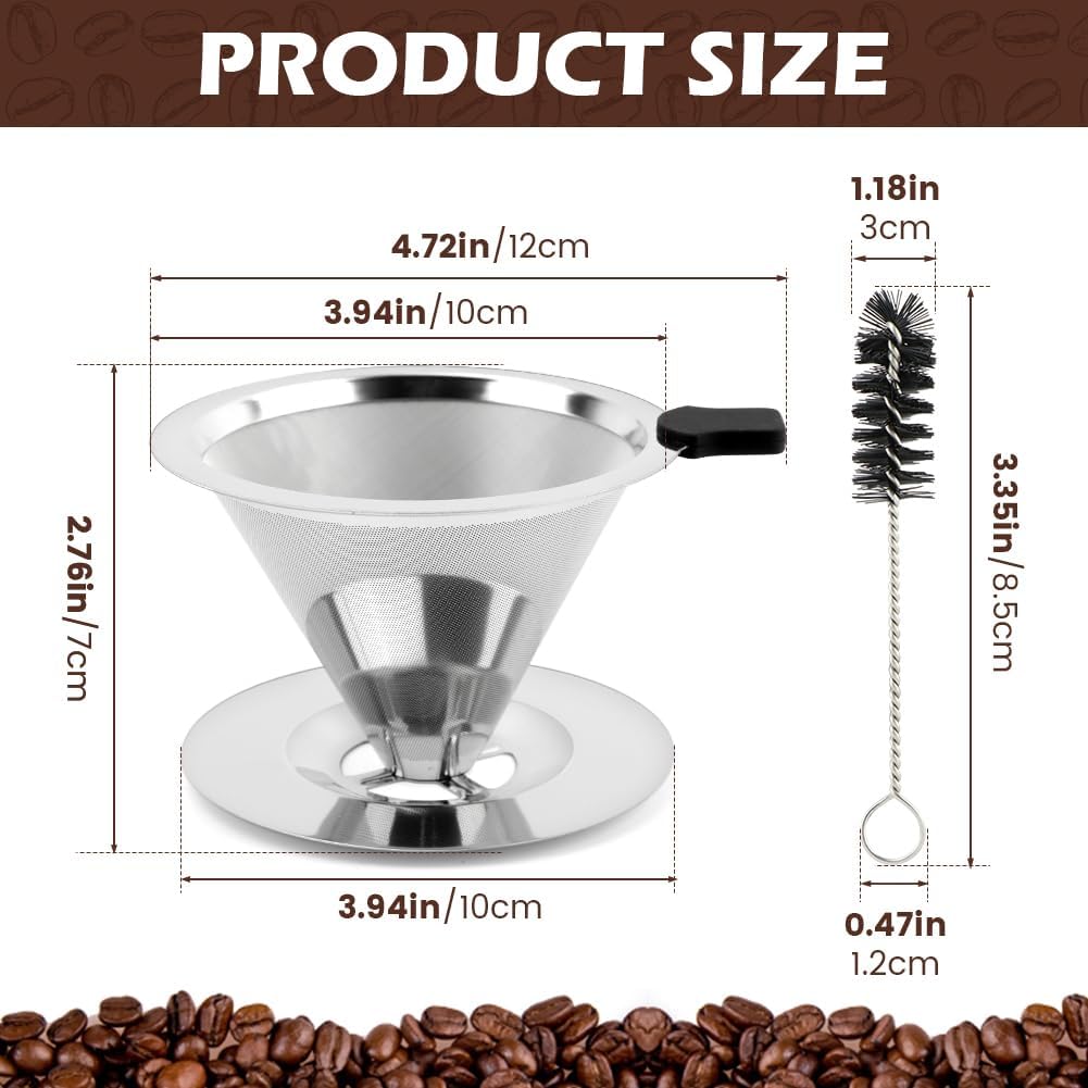 Pour Over Coffee Dripper with Cleaning Brush, Stainless Steel Cone Coffee Filter Fine Mesh Double Layer, Paperless Reusable Coffee Filter, Drip Cone Brew Coffee Strainer(SIZE:Small)
