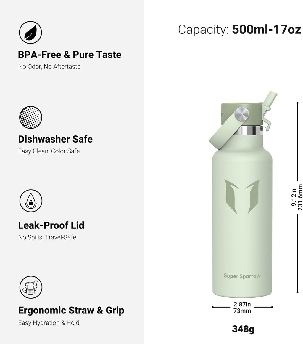 Super Sparrow Insulated Water Bottle - 17 Oz / 25 Oz / 32 Oz - Standard Mouth FlipFlow Flask - BPA Free, Leak Proof Drink Bottle- Ergonomic Straw Water Bottles for Work, Gym, Travel, Sports