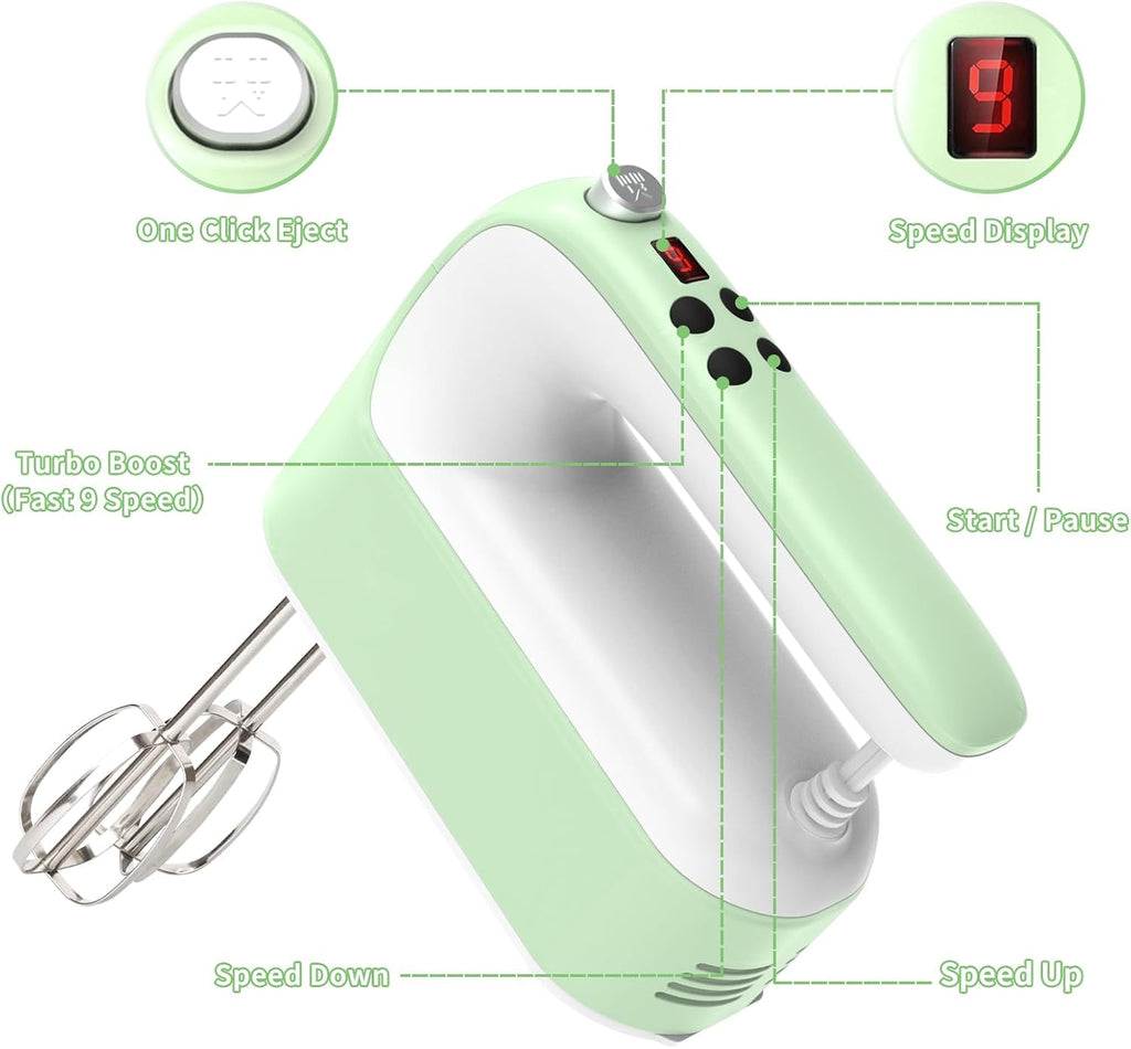 CBQ Hand Mixer Electric, 9 Speed 400W Handheld Mixer with Digital, Touch Button, Turbo, Snop-On Storage Case, 5 Stainless Steel Accessories, Mixer Electric Handheld for Cake, Cookie, Egg (Grass Green)