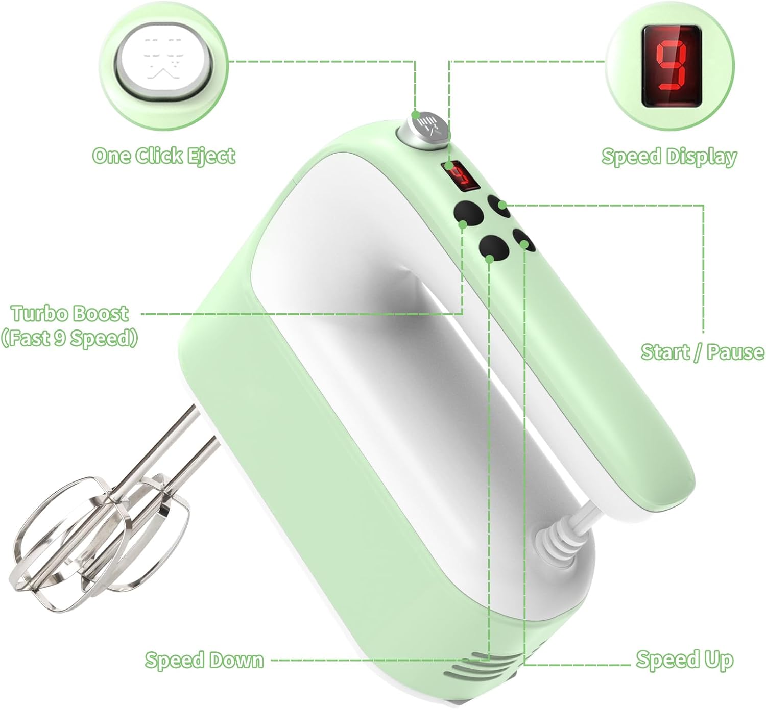 CBQ Hand Mixer Electric, 9 Speed 400W Handheld Mixer with Digital, Touch Button, Turbo, Snop-On Storage Case, 5 Stainless Steel Accessories, Mixer Electric Handheld for Cake, Cookie, Egg (Grass Green)