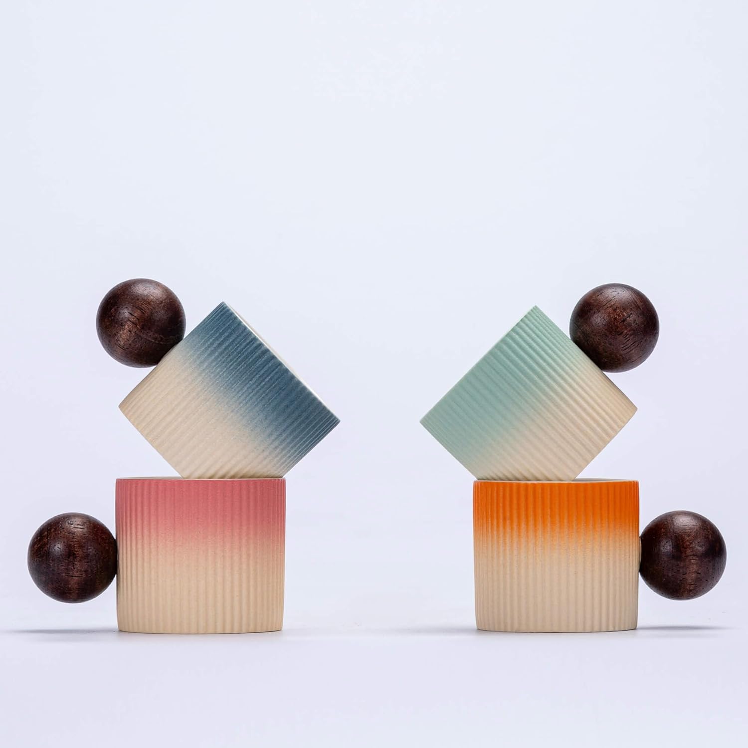 Ceramic Mini Espresso Cups Demitasse Cups with Round Wooden Handle Vertical Stripes Tea Cups (Beige&Orange, 2pcs)