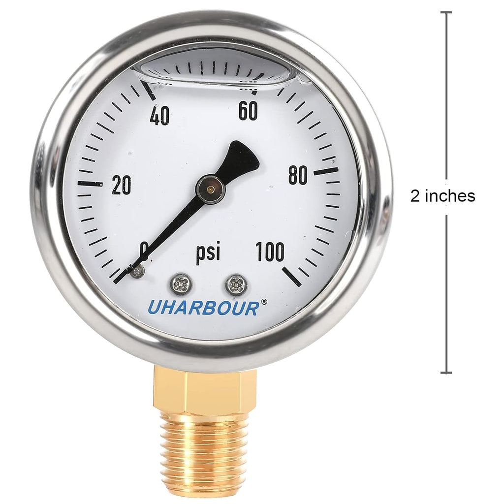 Liquid Filled Fuel Pressure Gauge with 2" Dial and 304 Stainless Steel case, 0-100Psi, 2% Accuracy, 1/4" NPT Center Lower Mount