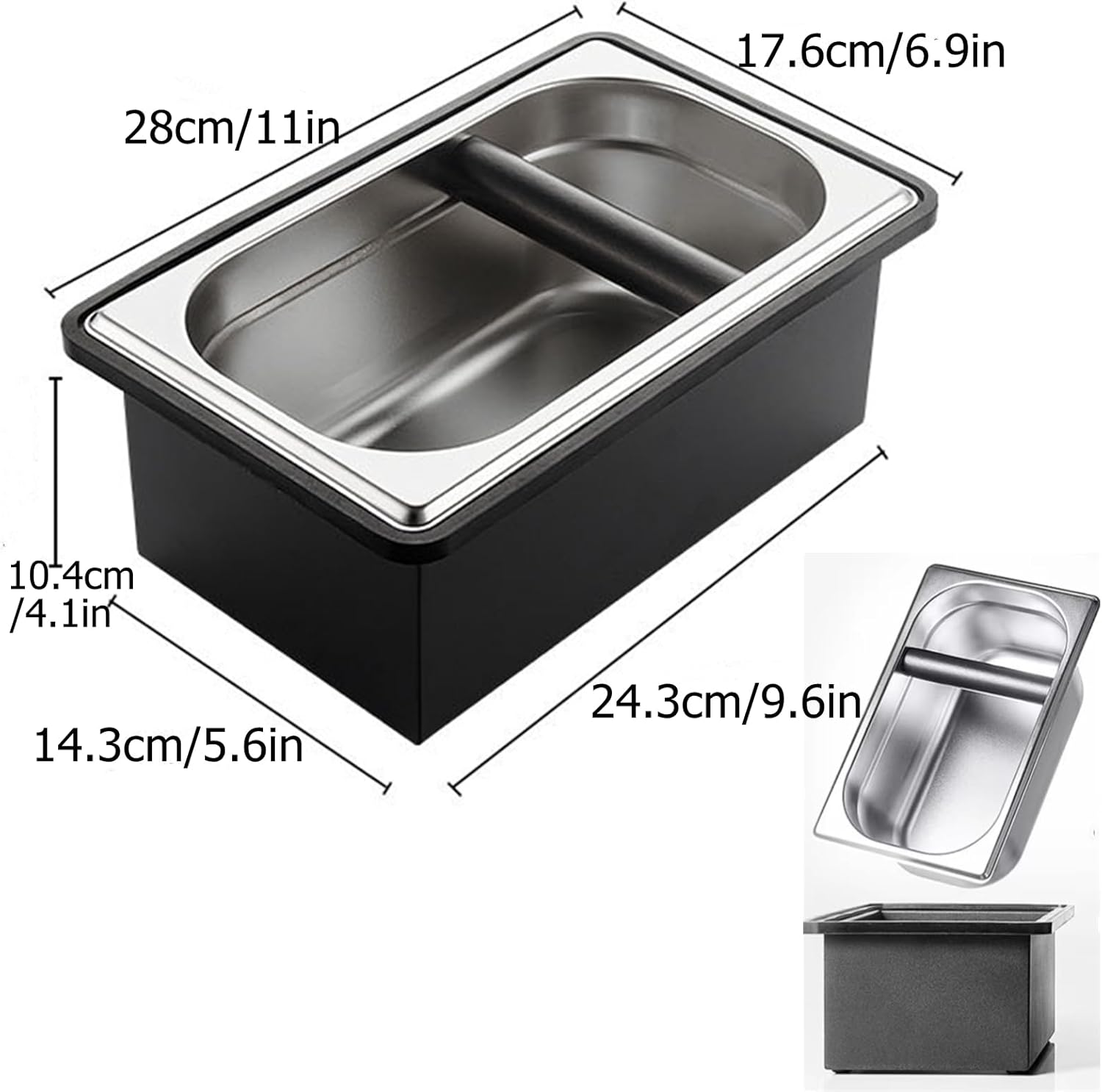 Espresso Coffee Knock Box, Large Size Stainless Steel Coffee Pucks Container, with Noise Reduction Rubber Ring,Silicone Bar for Knocking Portafilter Filter Grinds