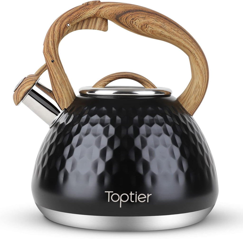 Tea Kettle, Toptier Teapot Whistling Kettle with Wood Pattern Handle Loud Whistle, Food Grade Stainless Steel Tea Pot for Stovetops Induction Diamond Design Water Kettle, 2.7-Quart Black