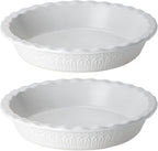 Fun Elements Ceramic Pie Pan, 9 Inch Pie Dish for Baking, Ruffled Pie Plate, Non-Stick Deep Dish Pie Pan for Apple Pie and Pot Pie, Thanksgiving Christmas Gifts, Set of 2, White