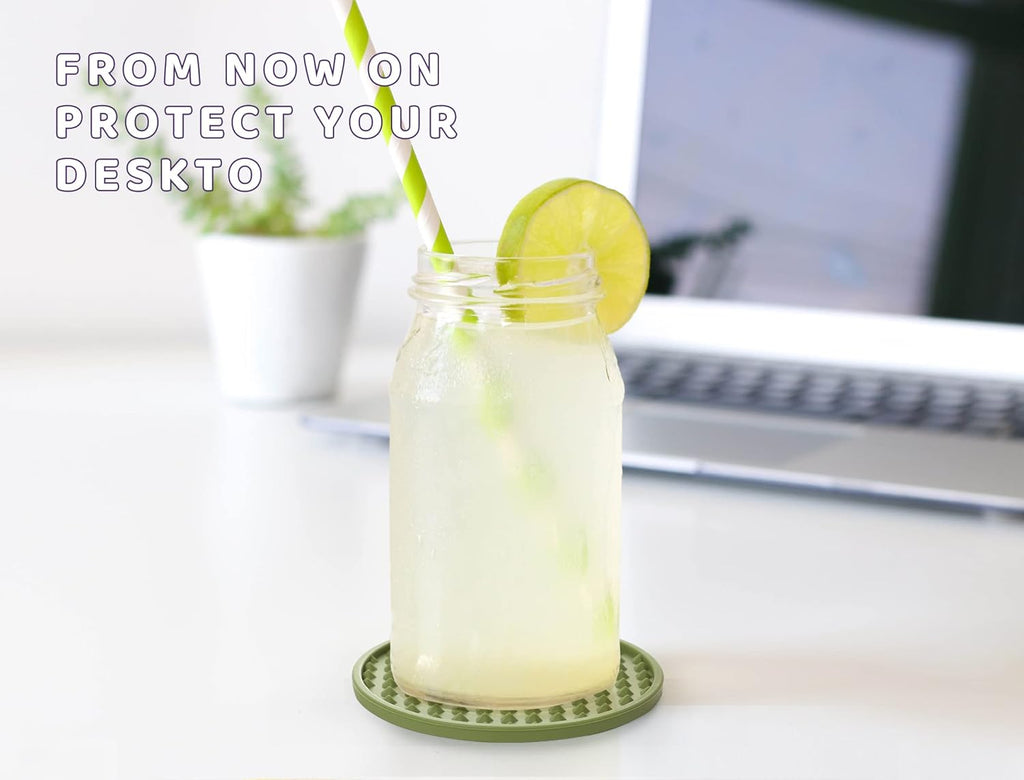 Coasters for Drinks 6 Pack Drink Coaster with Holder,Heat Resistant Silicone Cup Mat Tabletop Protection,Non-Slip Rubber Coasters for Kinds of Cups (Green)