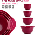 BoxedHome Nesting Plastic Mixing Bowl Set, 4 Piece Mixing Bowl Set with Pour Spouts, Size 1.7, 2.5, 3.5 and 4.5qt, for Prepping, Mixing, Baking, Cooking, Deep Carmine