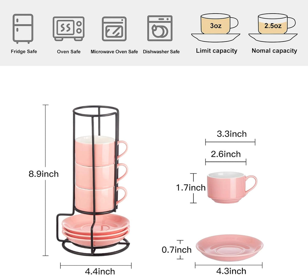 YOLIFE 2.5oz Porcelain Stackable Espresso Cups with Saucers and Metal Stand Set of 4, Stackable Cappuccino Cups, Pink Expresso Shots Cup Set for Coffee Drinks, Latte, Tea
