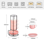 YOLIFE 2.5oz Porcelain Stackable Espresso Cups with Saucers and Metal Stand Set of 4, Stackable Cappuccino Cups, Pink Expresso Shots Cup Set for Coffee Drinks, Latte, Tea